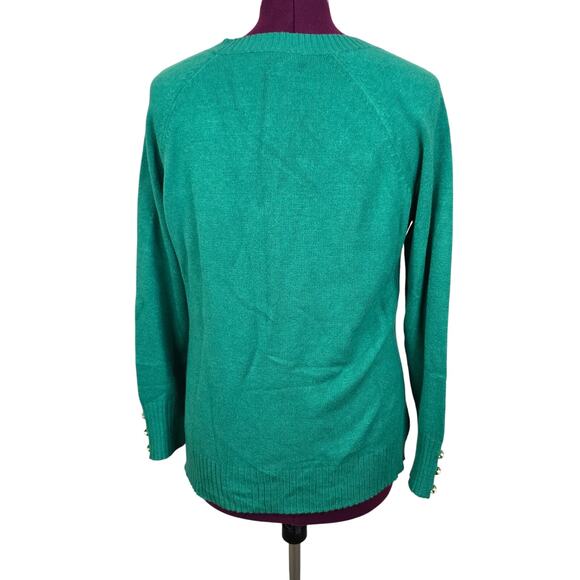 Women's Lilly Pulitzer Green V-Neck Sweater Gold Button Accents | Size Medium - Picture 3 of 12